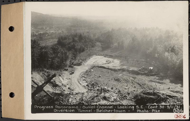 Contract No. 30, Stream Control Works at Main Dam, Swift River Reservoir, Belchertown, Enfield, Ware, progress panorama, outlet channel, looking southeast, diversion tunnel, Belchertown, Mass., Sep. 11, 1931