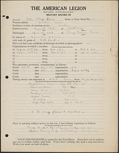 American Legion military record of John Philip Lane