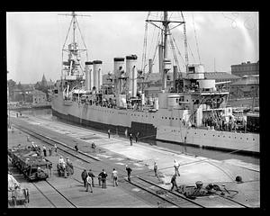 Ship in drydock at Navy Yard, probably the USS Marblehead