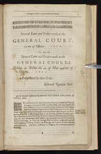 Several laws and orders made at the General Court, the 8th of October i672 [sic]