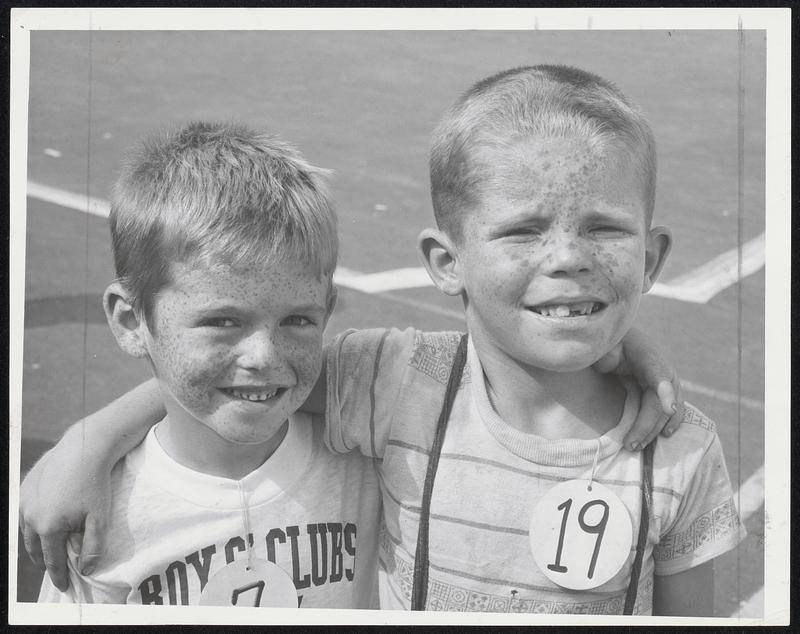 Littlest With the Mostest freckles was Walter Direeno, 6, left, with George Mann, also 6, who had the largest freckles in annual competition at Charles Hayden Memorial Clubhouse, South Boston.