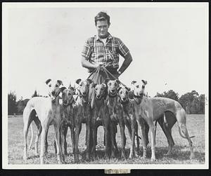 Famous "S" litter of Neil Groves who is competing at Wonderland is held by trainer Bill Maloney of Peabody. Dogs (from left) Marshall S, Polly S, Mort S, Hildegarde S, Bradley S, Anita S and Rachel S