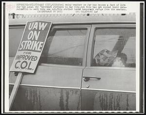 Bay City, Mich: Cool rainy weather so far has become a fact of life for UAW Local 362 Chevrolet strikers in Bay City, but this has not cooled their determination to wait this one out. This striker takes temporary refuge from the weather. Labor Strike.