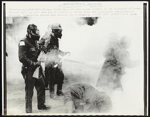 Eugene, Ore.: Lane County Sheriffs tear gassed students at the University of Oregon Thursday (4/23) as riots grew out of a sit-in in Johnson Hall, the University's administration building. Seventy-five persons were arrested for trespassing. Demonstrations Anti-War.