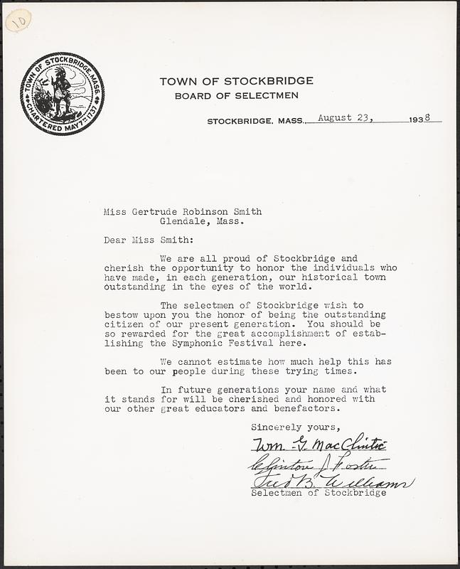 Letter from the selectmen of Stockbridge, Stockbridge, Massachusetts, to Gertrude Robinson Smith, Glendale, Massachusetts. August 23, 1938