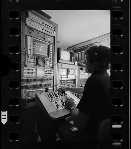 TV control room in trailer at Fenway Park, Boston