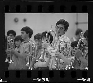 Drum-and-bugle practice in high school gym, Lynnfield