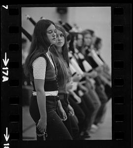 Drum-and-bugle practice in high school gym, Lynnfield