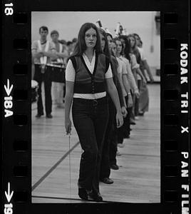 Drum-and-bugle practice in high school gym, Lynnfield