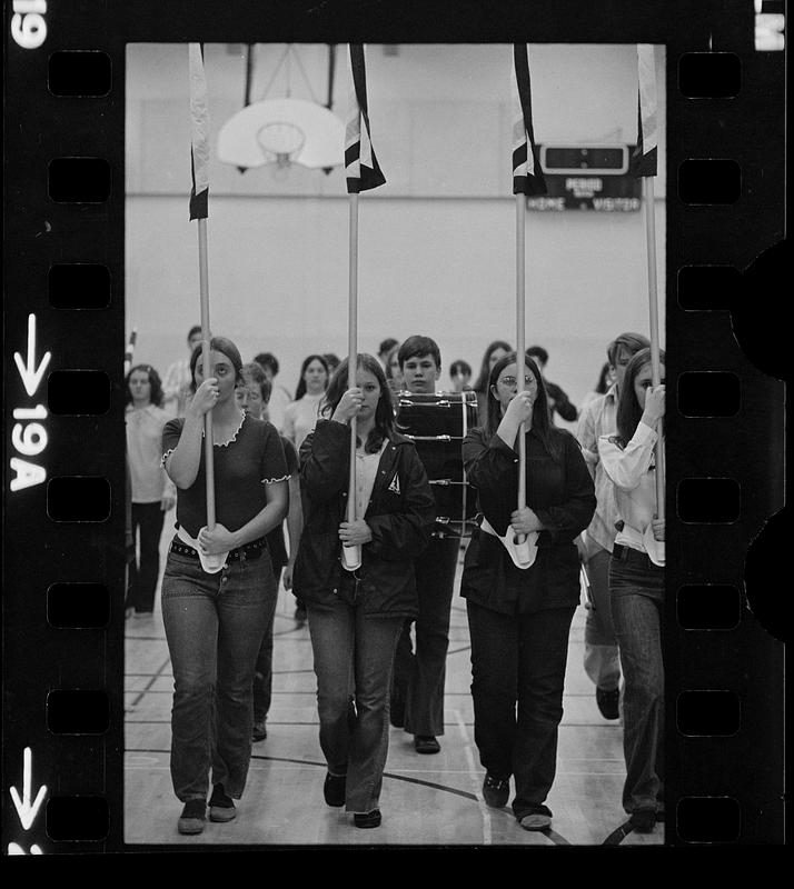 Drum-and-bugle practice in high school gym, Lynnfield