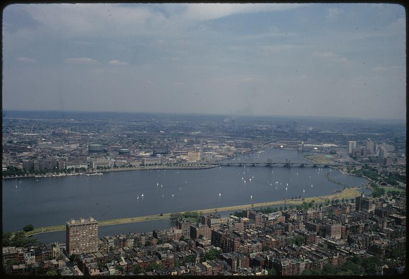 Elevated view showing Charles River Esplanade and Longfellow Bridge, Boston