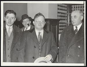 Boston attorneys representing some of those who have claims against the Broad Street Mutual Casualty Insurance Company, which has been suspended by insurance commissioner, after they conferred with Atty.-Gen. Dever yesterday. Left to right Max R. Reiser, Joseph B. Abrams and Maurice Caro.