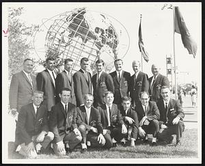 World’s Fair, N.Y. -- Waltham High School Class, a state champions baseball team visiting world’s fair on a trip sponsored by Boosters Club. Left to right: kneeling: Frank Grueter; Bob Mac Causland; Art Milliken; Brian Mc Mahon; Steve Carme; Ernie Arsenault and assist. coach Joe Levey. Standing: Larry May, pres. of Boosters Club; assist. coach Bill Ormand; Norm Elliot; Kevin Ryan; Don Brophy; Dick Leard; Paul Kneeland and Ray Yetten, head coach.