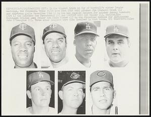 In the biggest trade so far of baseball's winter league meetings, the Minnesota Twins 1 1/28 have sent (Top Row) pitchers Jim (Mudcat) Grant (L) and shortstop Zoilo Versalles (2nd L) to Los Angeles Dodgers for catcher Johnny Roseboro (3rd L) and pitchers Ron Perranoski (R) and (Bottom Row) Bob Miller (L). Earlier, the Baltimore Orioles sent relief ace Eddie Fisher (C) to the Cleveland Indians for left-hander John O'Donoghue (R). Three minor leaguers were also involved in that trade.