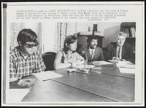 Under Indictment--for refusing into the armed forces, Ronald P. Moyer (left) and Anthony D. Ramos (second from right) hold press conference in the Church of the Mediator in Providence. Other are Miss Sue Katz of the New England Resistance and the Rev. Albert Q. Perry, pastor of the church.