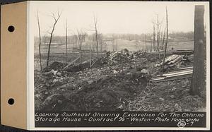 Contract No. 96, Chlorine Storage House and Equipment and Chlorinating Equipment for Gate House at Norumbega Reservoir, Weston, looking southeast showing excavation for the chlorine storage house, Weston, Mass., Apr. 17, 1940