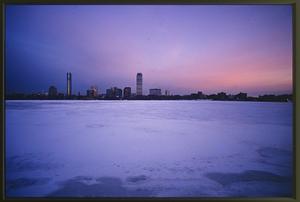 Boston circa 1996: With the Back Bay skyline in the background, the winter freezes over the Charles River