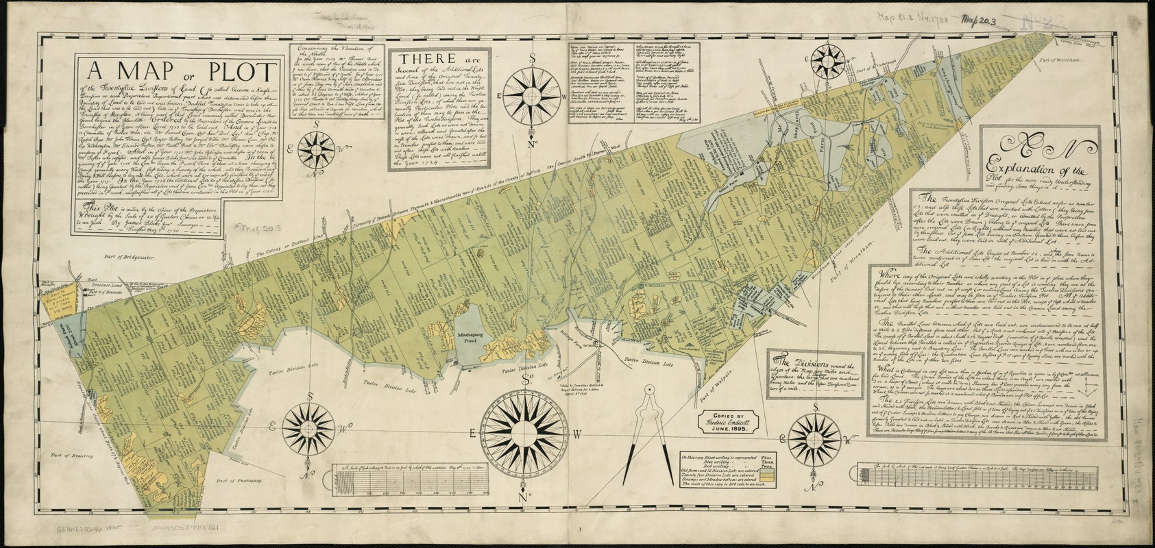A map or plot of the twenty-five divisions of land ... late in the Township of Dorchester and now in the Township of Stoughton, it being part of that land commonly called Dorchester New-Grant beyond the Blew-hills ... finished May 8th, 1730
