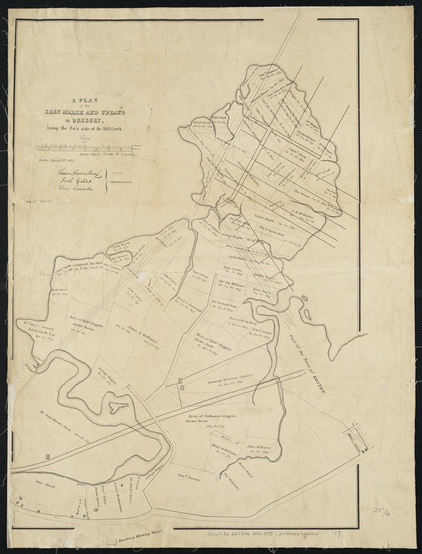A plan of the salt marsh and upland in Roxbury, lying the east side of the Mill Creek