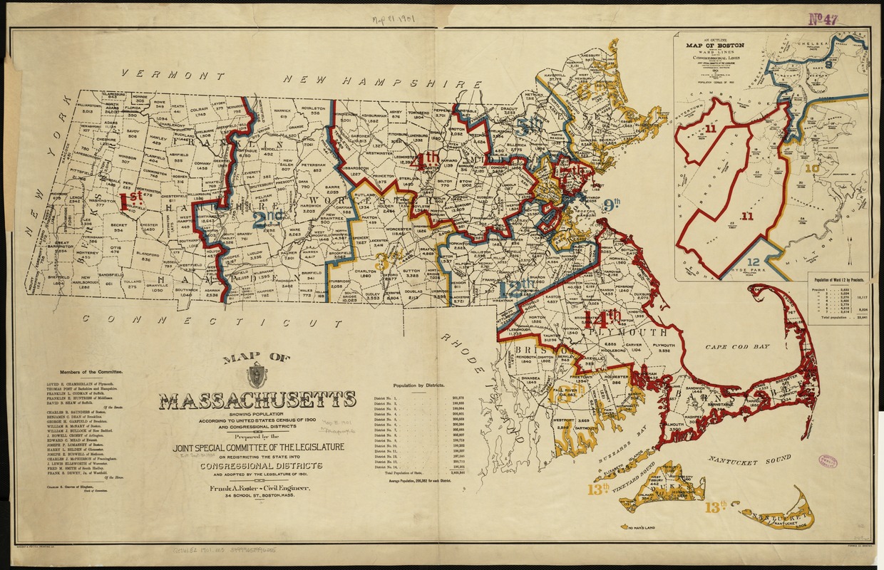 Map of Massachusetts showing population according to United States Census of 1900 and congressional districts