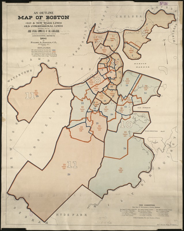 An outline map of Boston showing the old & new ward lines, also the old congressional lines