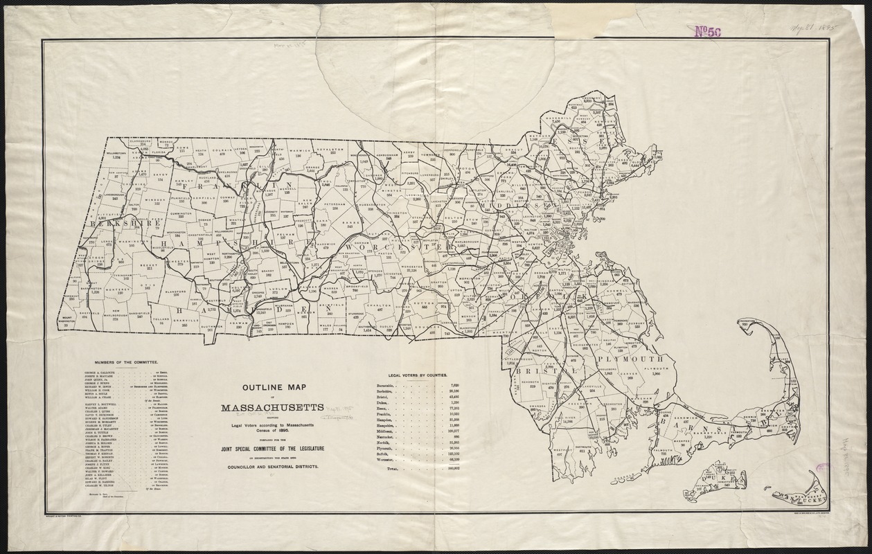 Outline map of Massachusetts showing legal voters according to Massachusetts census of 1895