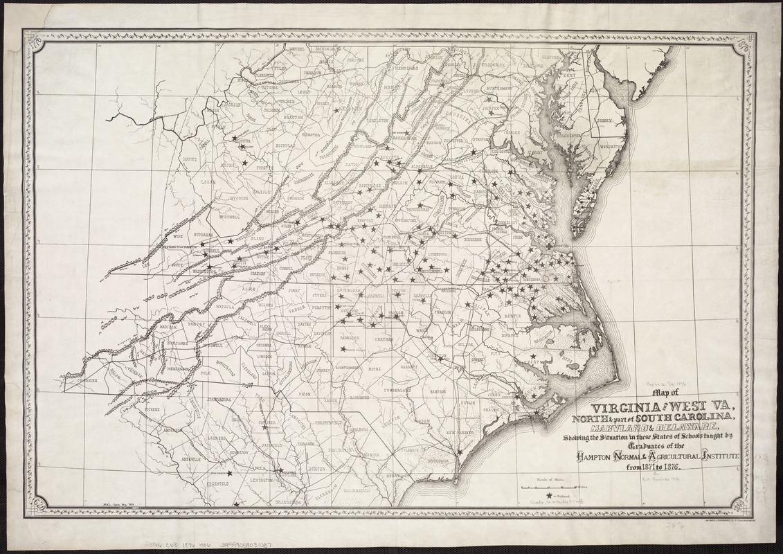 Map of Virginia and West Va., North and part of South Carolina, Maryland and Delaware, showing the situation in these states of schools taught by graduates of the Hampton Normal & Agricultural Institute from 1871 to 1876