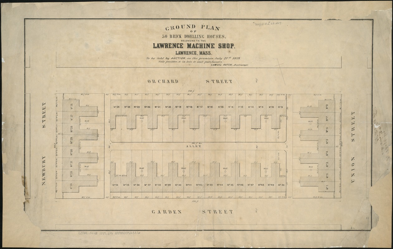 Ground plan of 50 brick dwelling houses, belonging to the Lawrence Machine Shop, Lawrence, Mass