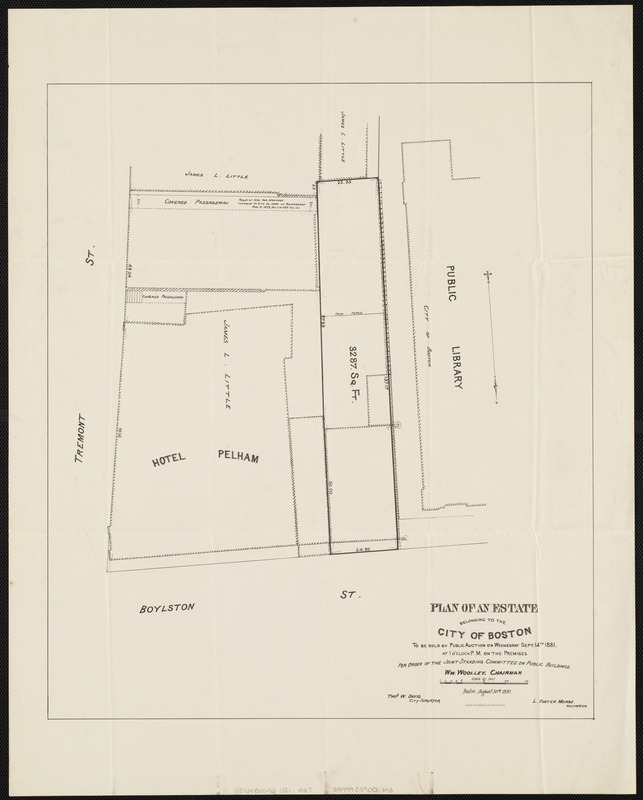 Plan of an estate belonging to the City of Boston to be sold by public auction on Wednesday, Sept. 14th, 1881 ...
