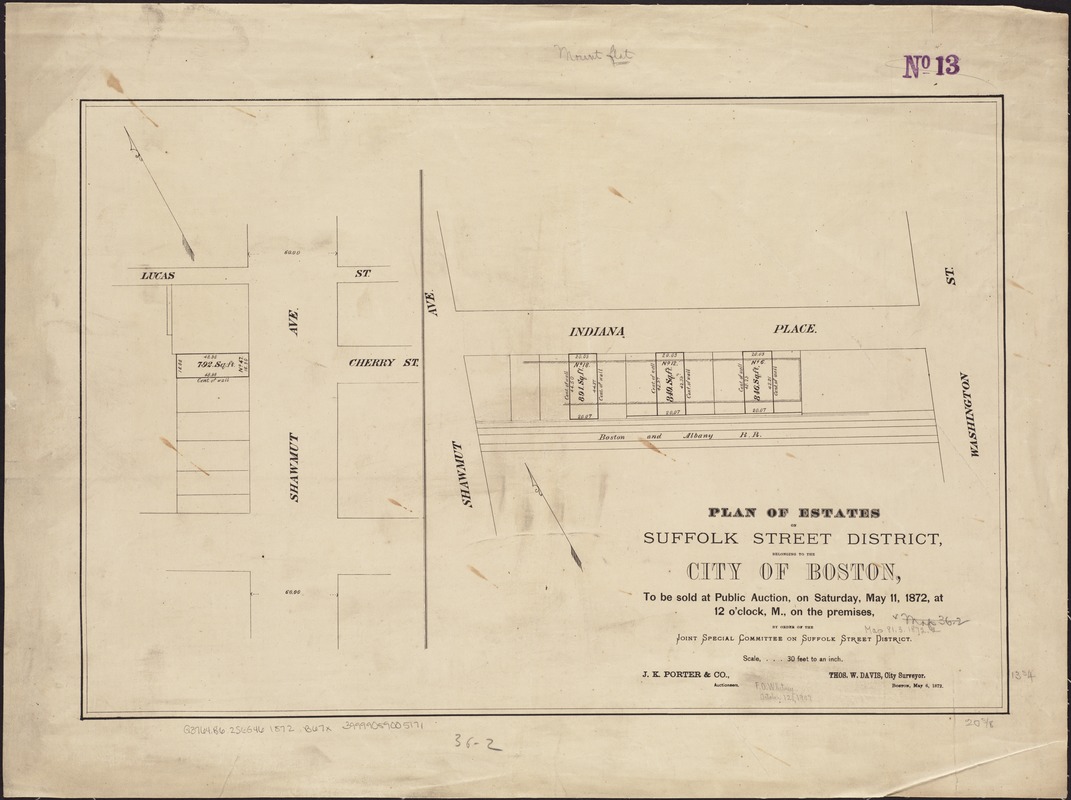 Plan of estates on Suffolk Street district, belonging to the City of Boston, to be sold at public auction, on Saturday, May 11, 1872, at 12 o'clock m., on the premises, by order of the Joint Special Committee on Suffolk Street District