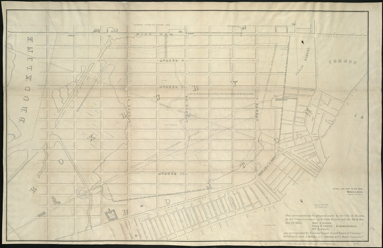 Plan accompanying the proposal made to the City of Boston by the Commissioners on Boston Harbor and the Back Bay Octr. 20, 1854
