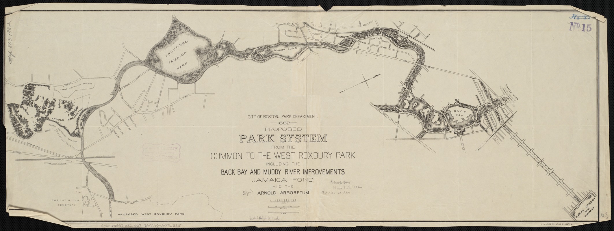 Proposed park system from the Common to the West Roxbury Park including the Back Bay and Muddy river improvements, Jamaica Pond and the Arnold Arboretum
