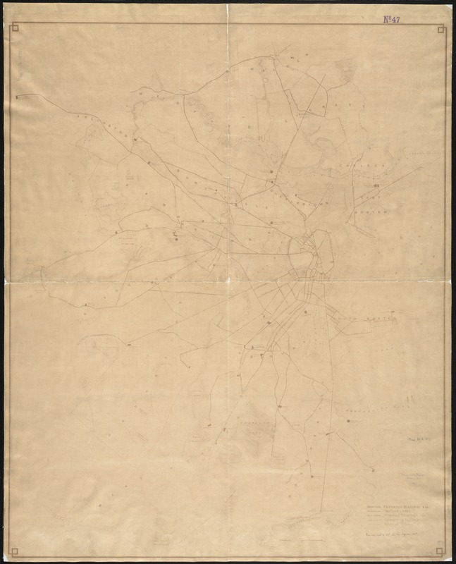 [Map of Boston, showing surface lines, proposed elevated lines, connecting surface lines and route of subway