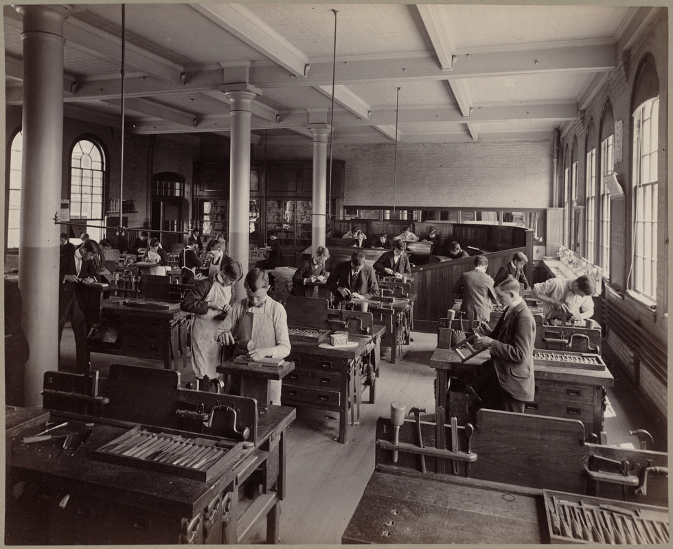 Carpentry and wood carving. Mechanic Arts High School. Digital