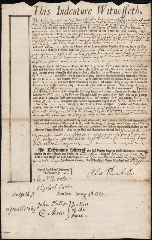 Ruth Humphreys indentured to apprentice with Alexander Chamberlain of Boston, 1757