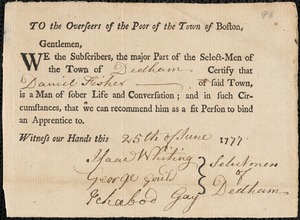 Martha Williams indentured to apprentice with Daniel Fisher of Dedham, 1777