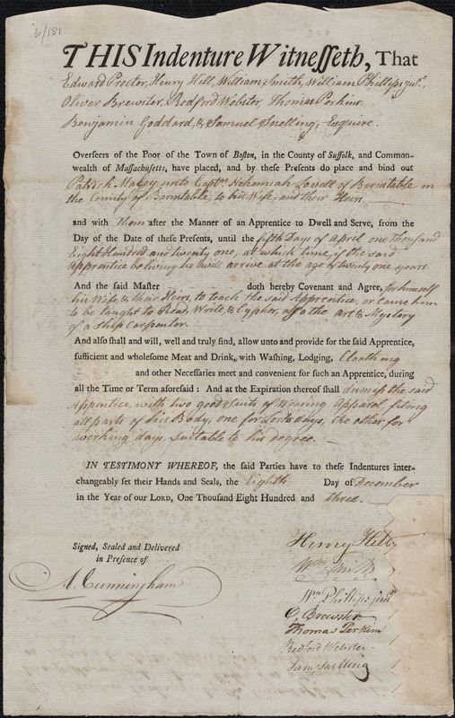 Patrick Maley indentured to apprentice with Nehemiah Lovell of Barnstable, 1803