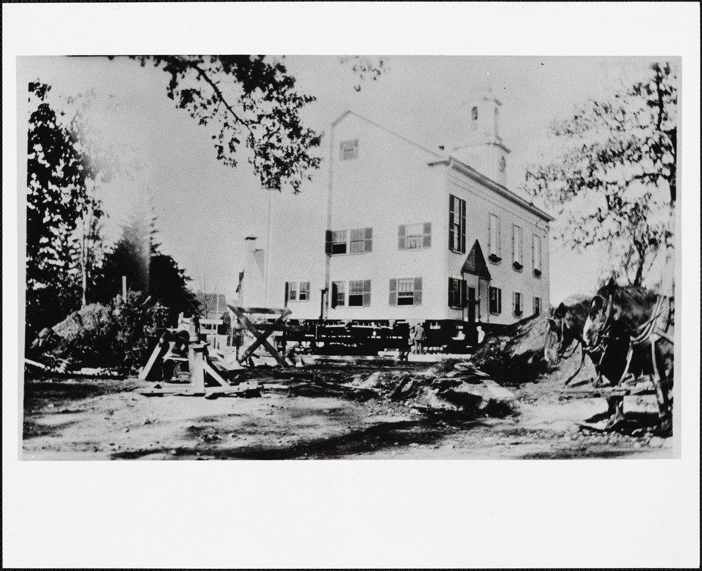 Moving of the 1st Baptist Church from the corner of Needham Square to the corner of Great Plain Avenue and Warren St.