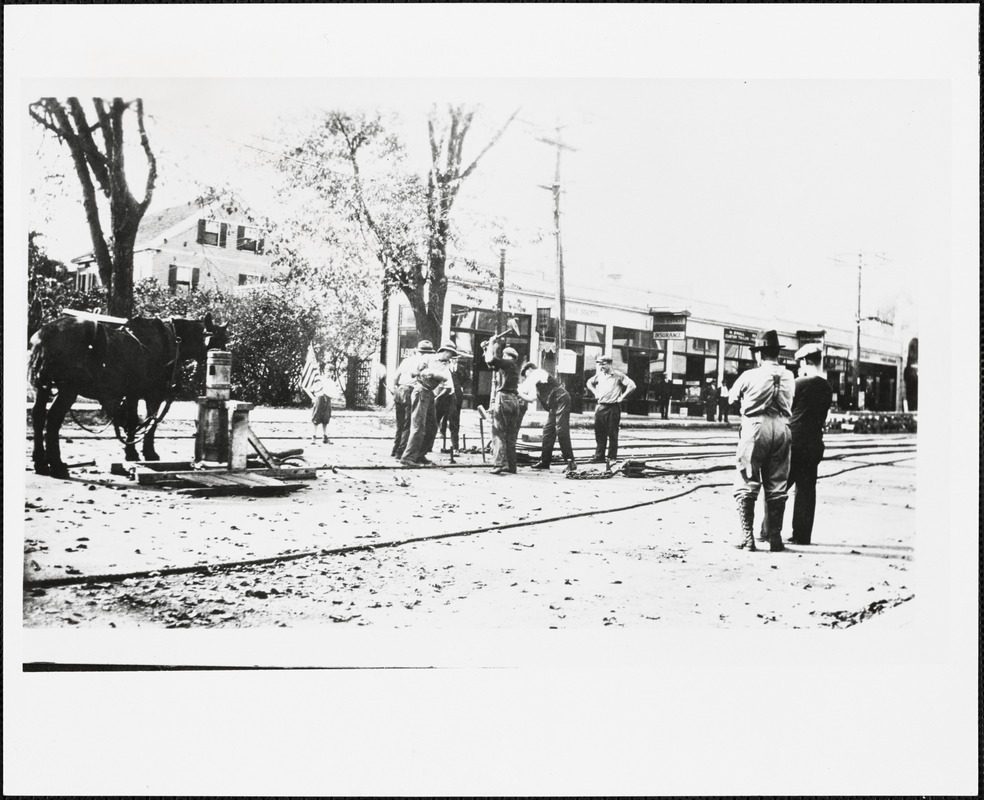 Preparing the street for moving the Baptist Church from n.e. corner Highland Avenue and Great Plain Avenue to the corner of Great Plain Avenue and Warren St.