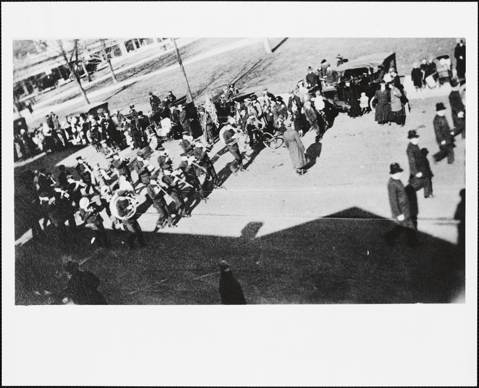 Needham band marching in WWI Victory Day Parade on Great Plain Avenue