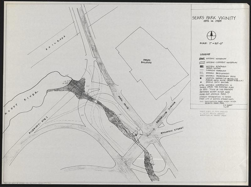Sears Park conceptual site plan with historic waterway