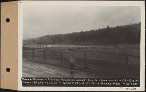 Moose Brook, flooded meadows about 1/2 mile above mouth, drainage area = 10 square miles, flow = 150 cubic feet per second = 1.5 cubic feet per second per square mile, Hardwick, Mass., 12:55 PM, Apr. 17, 1933