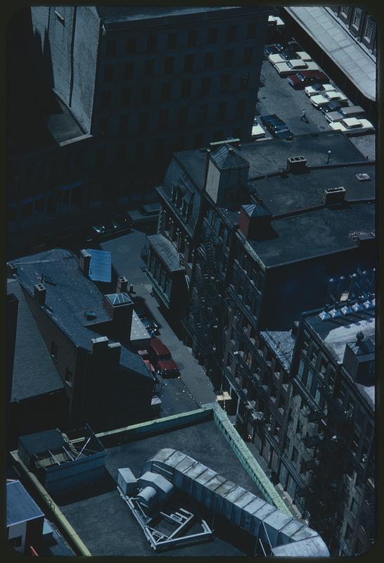Elevated view of roofs and streets, Boston