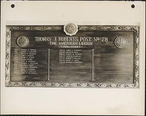Memorial panel, for Thomas J. Roberts Post #78, Dorchester, Massachusetts