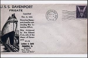 Commemorative post card issued for launch of U.S.S. Davenport (PF 69) named in honor of Davenport, IA
