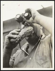 Man Bites Dog! The world’s series made sports history and also was the source of much news inasmuch as several thousand fans bit several thousand dogs, which any editor will tell you is news. This fellow surveys the field of battle through his binoculars while he “wolfs” a “torrid canine” before the game.