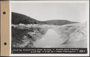 Contract No. 49, Excavating Diversion Channels, Site of Quabbin Reservoir, Dana, Hardwick, Greenwich, looking downstream from bridge, middle-east channel, Hardwick, Mass., May 20, 1936