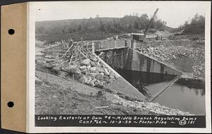 Contract No. 66, Regulating Dams, Middle Branch (New Salem), and East Branch of the Swift River, Hardwick and Petersham (formerly Dana), looking easterly at dam 4, middle branch regulating dams, Hardwick, Mass., Oct. 9, 1939