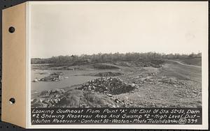 Contract No. 80, High Level Distribution Reservoir, Weston, looking southeast from point "A", 100 feet east of Sta. 52+50, dam 2 showing reservoir area and swamp 2, high level distribution reservoir, Weston, Mass., May 29, 1940