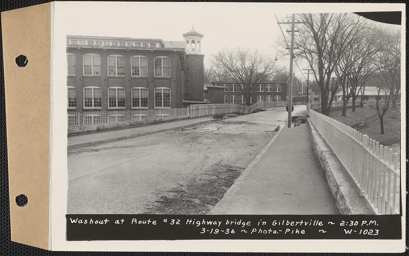 Washout at Route #32 highway bridge, Gilbertville, Hardwick, Mass., 2:30 PM, Mar. 19, 1936